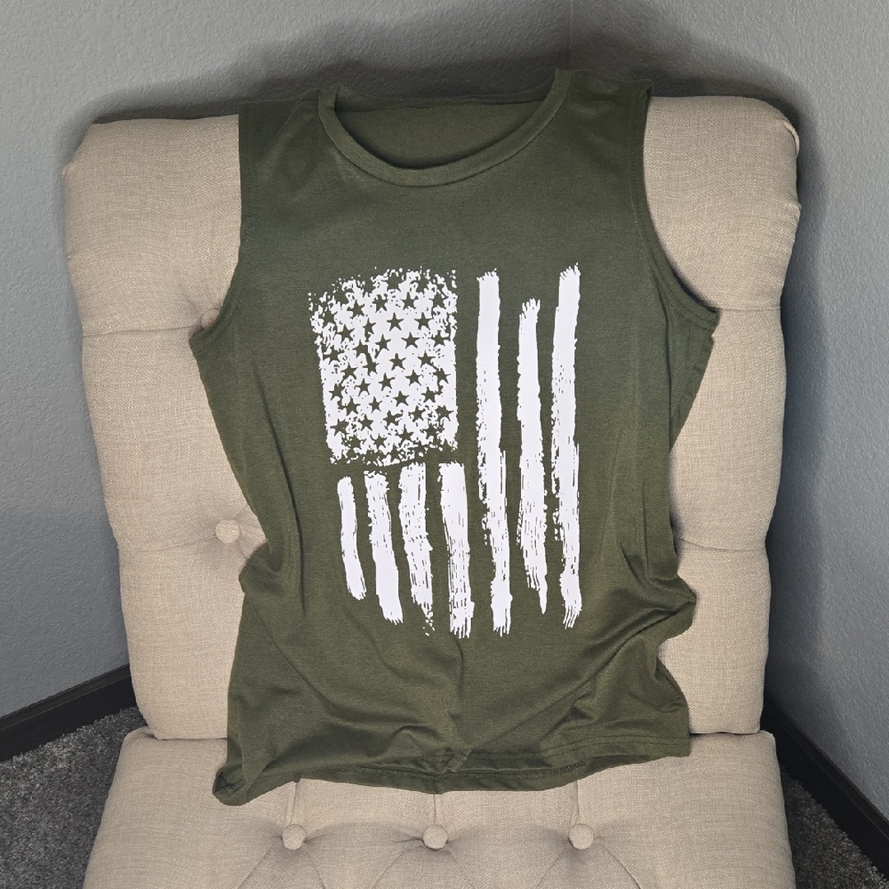 Olive Green Sleeveless Top with White Flag Design